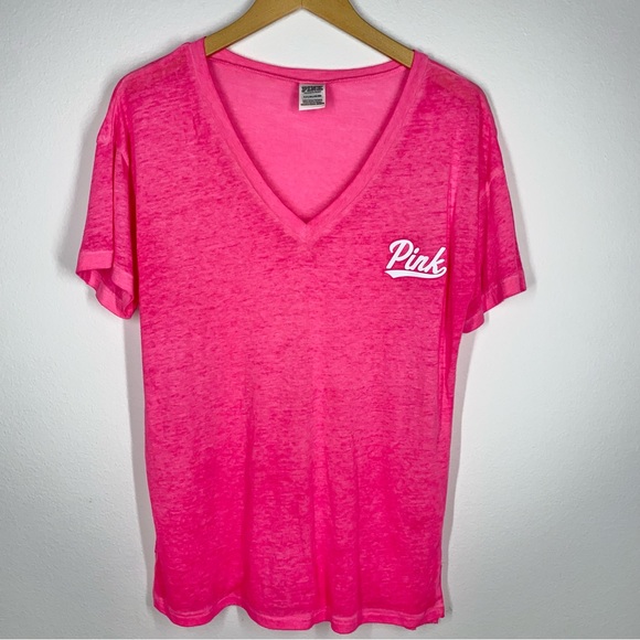 S VS Pink Short Sleeve Neon Sheer Burnout V Neck Hot Pink Logo Tee Shirt Top - Picture 3 of 8